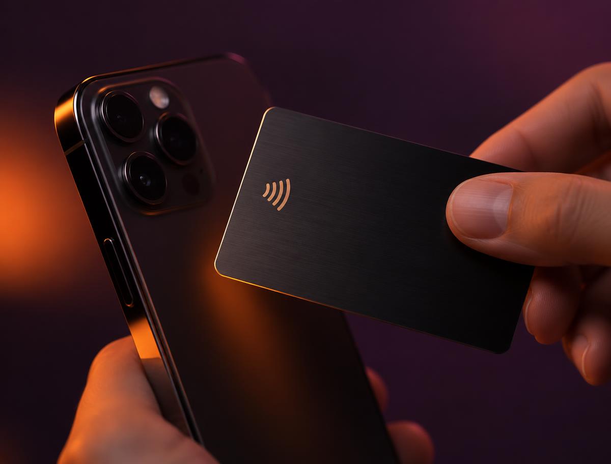 Tapping an NFC business card against a smartphone